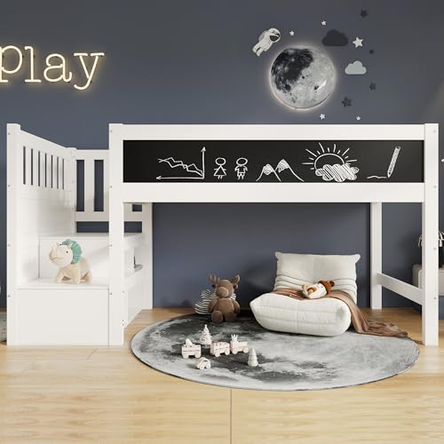 Arhatreya Hochbett 90x200 cm, Kinderbett mit Rausfallschutz, Holzbett mit Tafel, Speicherung, Bettgestell mit Lattenrost, Bett für Kinder Schlafzimmer (Ohne Matratze) Weiß von Arhatreya