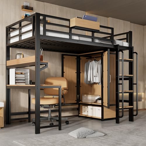 Arhatreya Hochbett 90x200 cm, Kinderbett mit Sicherheitsgeländer, Eisenbett mit Eckleiterschrank, Vierstöckiges Regal, Bettgestell mit Lattenrost, Bett für Kinder Jugendliche (Ohne Matratze) Eisen+MDF von Arhatreya