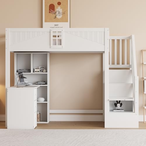 Arhatreya Hochbett 90x200 cm, Kinderbett mit Sicherheitsgitter, Holzbett mit Schreibtisch und Schubladen, Treppen Links Oder Rechts Austauschbar, Bett für Kinder Jugendliche (Ohne Matratze) Weiß von Arhatreya