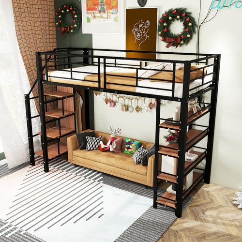 Arhatreya Hochbett 90x200 cm, Kinderbett mit Sicherheitstreppe, Metallbett mit Stauraum, Einzelbett mit Kleiderschrank, Jugendbett mit Einlegeböden, Bett für Jugendliche (Ohne Matratze) Schwarz von Arhatreya