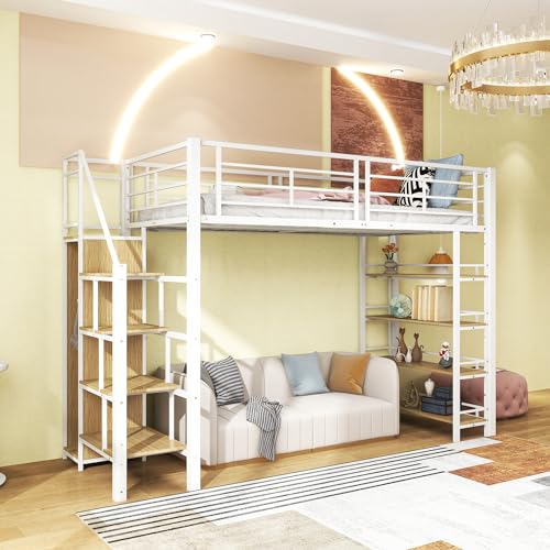 Arhatreya Hochbett 90x200 cm, Kinderbett mit Sicherheitstreppe, Metallbett mit Stauraum, Einzelbett mit Kleiderschrank, Jugendbett mit Einlegeböden, Bett für Jugendliche (Ohne Matratze) Weiß von Arhatreya