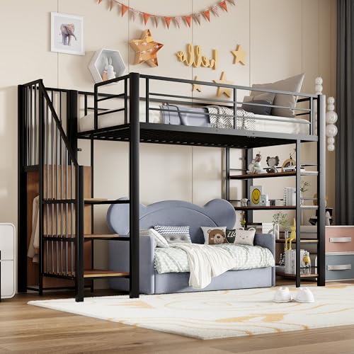 Arhatreya Hochbett 90x200 cm, Kinderbett mit Sicherheitstreppe, Metallbett mit Stauraum, Jugendbett mit Kleiderschrank, Hohes Zaundesign, Bett mit Einlegeböden für Jugendliche (Ohne Matratze) Schwarz von Arhatreya