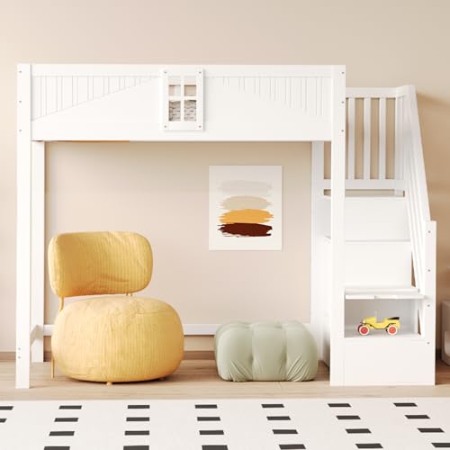 Arhatreya Hochbett 90x200 cm, Kinderbett mit Sicherheitstür, Holzbett mit Stauraum, Treppen Links Oder Rechts Austauschbar, Bett für Kinder Jugendliche (Ohne Matratze) Weiß von Arhatreya
