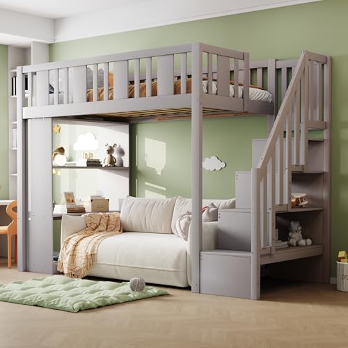 Arhatreya Hochbett 90x200 cm, Kinderbett mit Stauraumtreppe, Einzelbett mit Staufächern, Jugendbett mit Stauraum, Bettgestell mit Lattenrost, Bett für Kinder Jugendliche (Ohne Matratze) Grau von Arhatreya