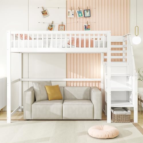 Arhatreya Hochbett 90x200 cm, Kinderbett mit Treppe, Holzbett mit Aufbewahrungsregal, Jugendbett mit Kleiderschrank, Bett für Kinder Schlafzimmer (Ohne Matratze) Weiß von Arhatreya