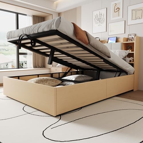 Arhatreya Holzbett 140x200 cm, Hydraulisches Bett mit USB- und Tape-C-Steckdose, Einzelbett mit Stauraum, Kopfteil mit Stauraum, Jugendbett für Schlafzimmer (Ohne Matratze) Holzfarbe von Arhatreya