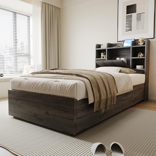 Arhatreya Holzbett 90x200 cm, Hydraulisches Bett mit USB- und Tape-C-Steckdose, Jugendbett mit Stauraum, Kopfteil mit Stauraum, Einzelbett Standardbett für Schlafzimmer (Ohne Matratze) Grau von Arhatreya