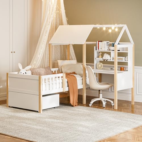 Arhatreya Holzbett 90x200 cm, Kinderbett mit Rausfallschutz, Hausbett mit Schubladen, Einzelbett mit L-förmigem Schreibtisch und Bücherregal, Bett für Kinder Jugendliche (Ohne Matratze) Weiß von Arhatreya