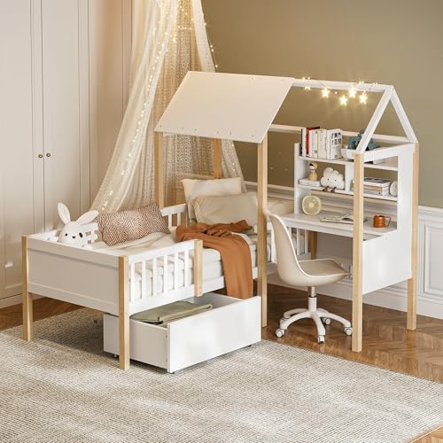 Arhatreya Holzbett 90x200 cm, Kinderbett mit Rausfallschutz, Hausbett mit Schubladen, Einzelbett mit L-förmigem Schreibtisch und Bücherregal, Bett für Kinder Wohnung (Ohne Matratze) Weiß von Arhatreya
