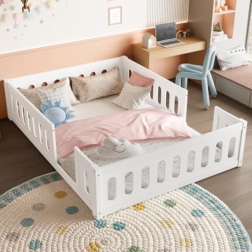 Arhatreya Kinderbett 140x200 cm, Bettrahmen mit Zaun, Holzbett mit Geländer, Bett für Kinder Wohnung (Ohne Matratze) Weiß von Arhatreya
