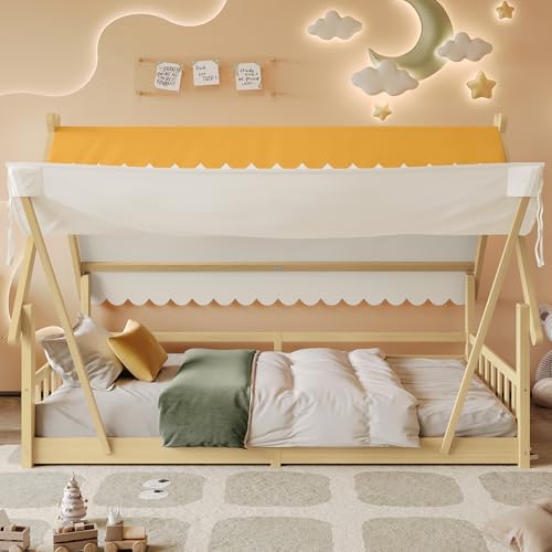 Arhatreya Kinderbett 90x190 cm, Holzbett mit Holzhausdesign, Bodenbett mit Sicherheitsgeländer, Jugendbett Bettgestell mit Lattenrost, Bett für Kinder Schlafzimmer (Ohne Matratze) Natur von Arhatreya