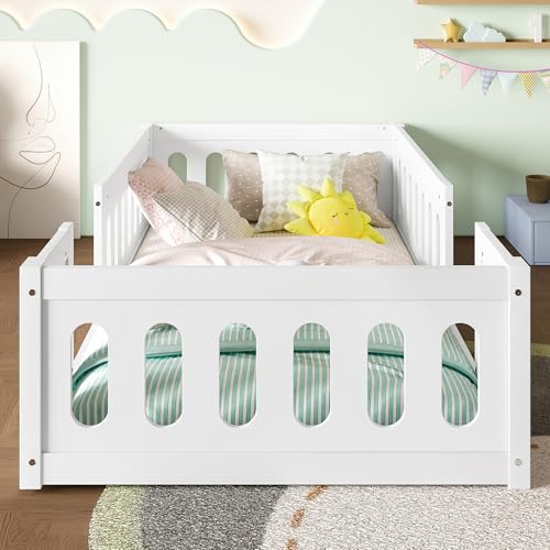 Arhatreya Kinderbett 90x200 cm, Bettrahmen mit Zaun, Holzbett mit Geländer, Bett für Kinder Schlafzimmer (Ohne Matratze) Weiß von Arhatreya