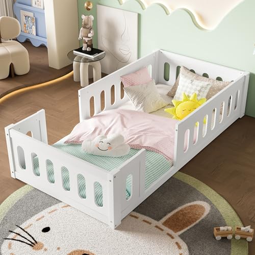 Arhatreya Kinderbett 90x200 cm, Bettrahmen mit Zaun, Holzbett mit Geländer, Bett für Kinder Wohnung (Ohne Matratze) Weiß von Arhatreya