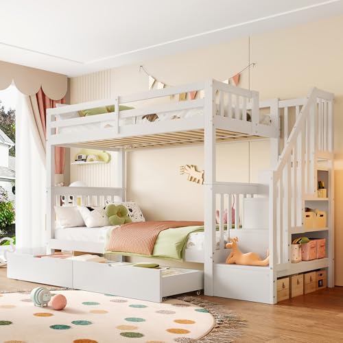 Arhatreya Kinderbett 90x200 cm, Etagenbett mit Treppenregal, Holzbett mit Zwei Schubladen, Stockbett mit Hohe Geländer, Bett mit Lattenrost für Kinder Jugendliche (Ohne Matratze) Weiß von Arhatreya