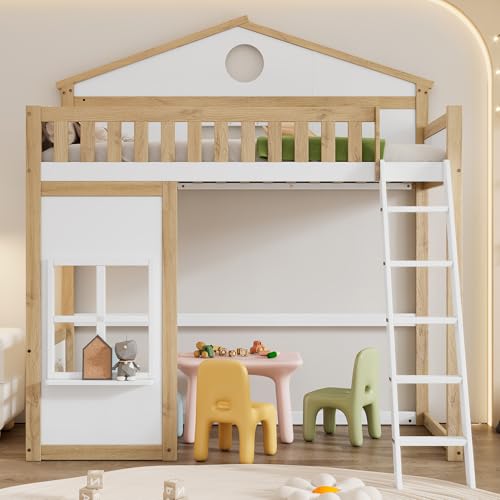Arhatreya Kinderbett 90x200 cm, Holzbett mit Treppe, Hochbett mit Fallschutz und Gitter, Frei gestaltetes Unterbett, Hausbett mit Rahmen aus Kiefer, für Kinder Jugendliche, Weiß+Natur(Ohne Matratze) von Arhatreya