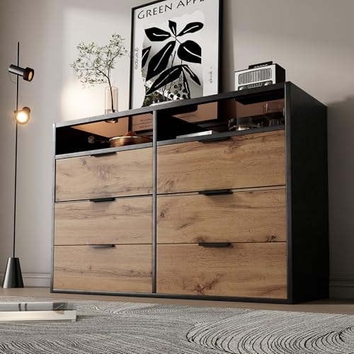 Arhatreya Kommode Sideboard aus Bernstein Glas, Sideboard mit Metallgriffen, Kommode mit 6 Schubladen und 2 Fächern, kippsicher, 120 x 40 x 80 cm, Eiche von Arhatreya