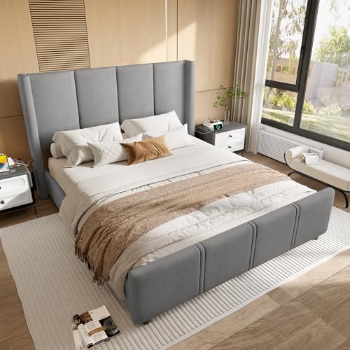 Arhatreya Polsterbett 140x190 cm, Doppelbett mit Kopf- und Fußteil, Jugendbett Bettgestell mit Lattenrost, Gästebett mit USB-Anschluss für Wohnzimmer Schlafzimmer (Ohne Matratze) Samt Grau von Arhatreya