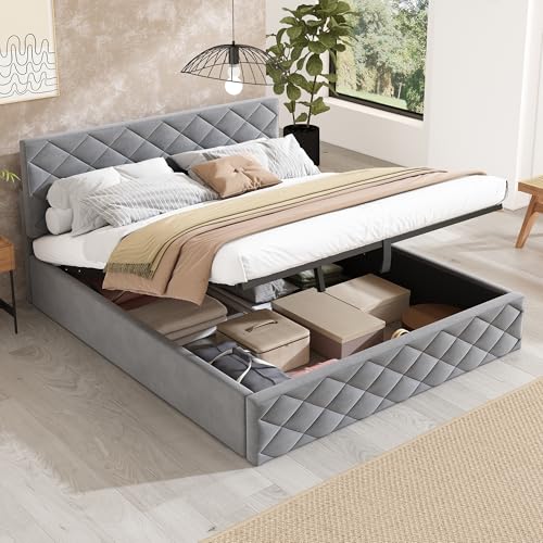 Arhatreya Polsterbett 140x200 cm, Doppelbett Bettgestell mit Lattenrost, Hydraulisches Jugendbett Erwachsenenbett, Gästebett für Wohnzimmer Schlafzimmer (Ohne Matratze) Samt Grau von Arhatreya
