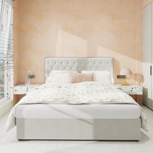 Arhatreya Polsterbett 140x200 cm, Flachbett mit Lattenrost, Jugendbett mit Kopfteil, Doppelbett Bettgestell, Bett mit Stauraum für Wohnung (Ohne Matratze) Samt Beige von Arhatreya