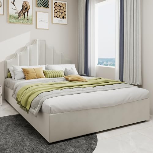 Arhatreya Polsterbett 140x200 cm, Hydraulisch Stauraumbett mit Geometrischem Kopfteil, Jugendbett Bettgestell, Doppelbett für Gästezimmer Wohnung (Ohne Matratze) Beige von Arhatreya