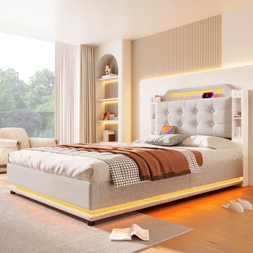 Arhatreya Polsterbett 140x200 cm, Hydraulisch Stauraumbett mit Kopfteil, Jugendbett mit USB + Type-C, Doppelbett mit Ablagefächer, Gästebett für Schlafzimmer Wohnung (Ohne Matratze) Leinen Beige von Arhatreya