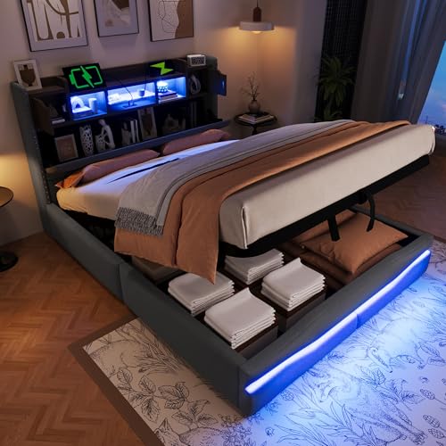 Arhatreya Polsterbett 140x200 cm, Hydraulisch Stauraumbett mit LED Leuchten, Jugendbett mit Rückenlehne, Doppelbett mit Kopfteil mit Staufach, Gästebett für Gästezimmer (Ohne Matratze) Linen Grau von Arhatreya