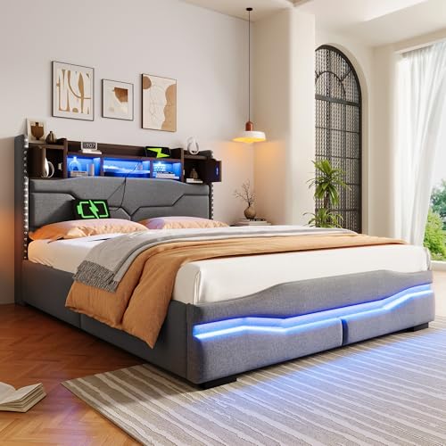 Arhatreya Polsterbett 140x200 cm, Hydraulisch Stauraumbett mit LED Leuchten, Jugendbett mit Rückenlehne, Doppelbett mit Kopfteil mit Staufach, Gästebett für Schlafzimmer (Ohne Matratze) Linen Grau von Arhatreya