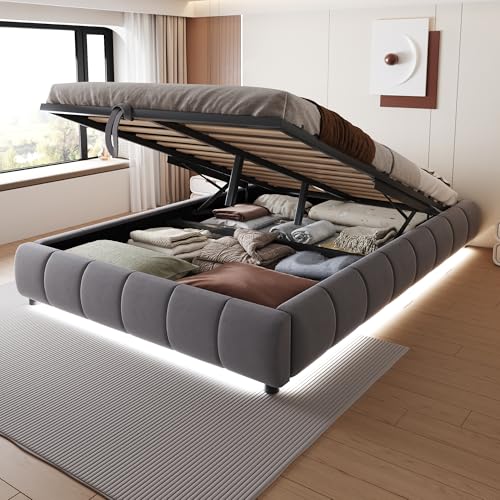 Arhatreya Polsterbett 140x200 cm, Hydraulisch Stauraumbett mit LED Lichtleisten, Jugendbett mit Stauraum, Einzelbett ohne Kopfteil, Gästebett für Schlafzimmer (Ohne Matratze) Flanell Grau von Arhatreya