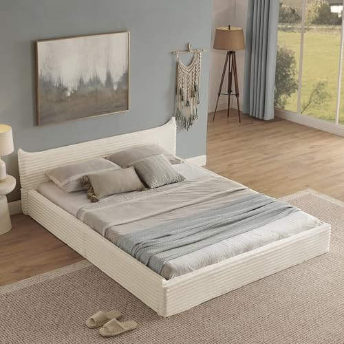 Arhatreya Polsterbett 140x200 cm, Kinderbett mit Stabiler Eisenrahmen, Doppelbett mit Kopfteil, Jugendbett Gästebett für Gästezimmer Schlafzimmer (Ohne Matratze) Chenille Beige von Arhatreya
