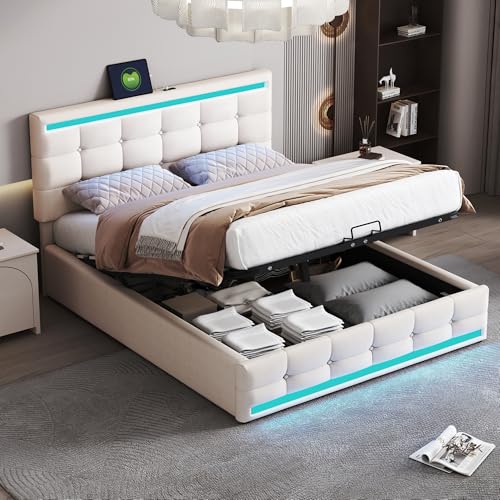 Arhatreya Polsterbett 140x200 cm, LED-Bettgestell mit Großem Stauraum, Hydraulisch Stauraumbett mit 2 USB-Ladestationen, Gästebett für Schlafzimmer (Ohne Matratze) Leinen Beige von Arhatreya
