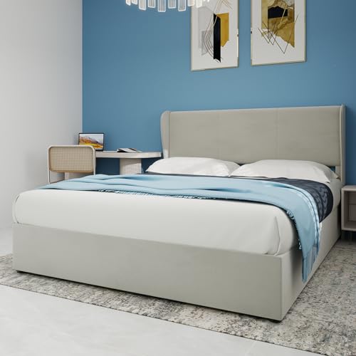 Arhatreya Polsterbett 160x200 cm, Hydraulisch Stauraumbett mit Kopfteil, Jugendbett Bettgestell mit Lattenrost, Doppelbett Gästebett Bett für Schlafzimmer (Ohne Matratze) Samt Beige von Arhatreya