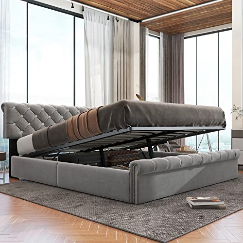 Arhatreya Polsterbett 160x200 cm, Hydraulisch Stauraumbett mit Kopfteil, Jugendbett mit Lattenrost, Doppelbett mit Holzlattenunterstützung, Gästebett für Wohnung (Ohne Matratze) Samt Grau von Arhatreya
