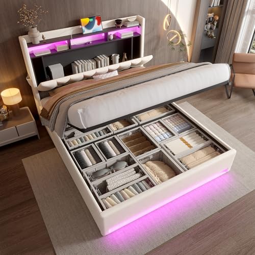 Arhatreya Polsterbett 160x200 cm, Hydraulisch Stauraumbett mit LED-Beleuchtung, Jugendbett mit USB Type-C-Ladefunktion, Doppelbett mit Stauraum, Gästebett für Schlafzimmer (Ohne Matratze) Samt Beige von Arhatreya