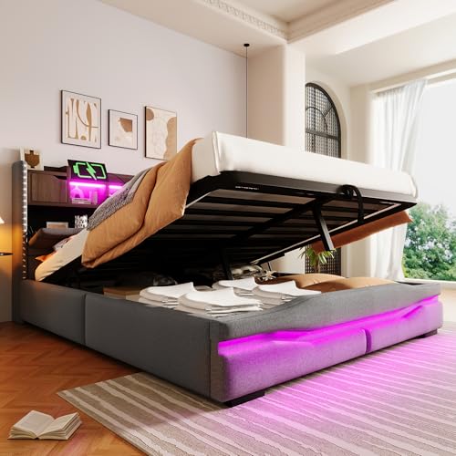 Arhatreya Polsterbett 160x200 cm, Hydraulisch Stauraumbett mit LED Leuchten, Jugendbett mit Rückenlehne, Doppelbett mit Kopfteil mit Staufach, Gästebett für Gästezimmer (Ohne Matratze) Linen Grau von Arhatreya