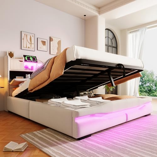 Arhatreya Polsterbett 160x200 cm, Hydraulisch Stauraumbett mit LED Leuchten, Jugendbett mit Rückenlehne, Doppelbett mit Kopfteil mit Staufach, Gästebett für Schlafzimmer (Ohne Matratze) Linen Beige von Arhatreya