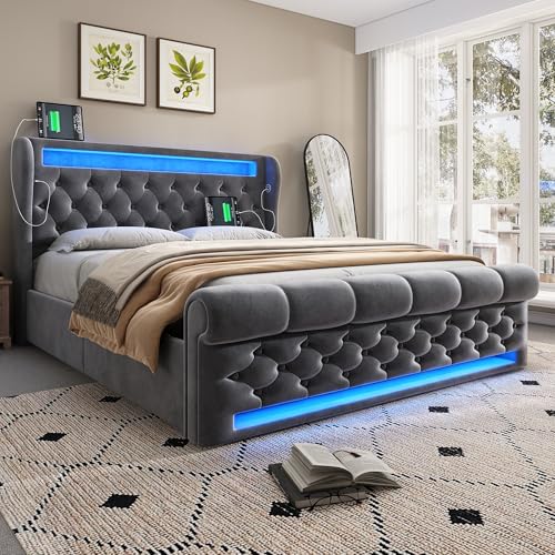 Arhatreya Polsterbett 160x200 cm, Hydraulisch Stauraumbett mit LED Leuchten, Jugendbett mit USB/Typ-C-Anschlüssen, Doppelbett mit Stauraum, Erwachsenenbett für Schlafzimmer (Ohne Matratze) Samt Grau von Arhatreya
