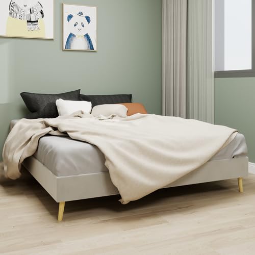Arhatreya Polsterbett 160x200 cm, Queensize Bett Ohne Kopfteil, Jugendbett Bettgestell mit Lattenrost, Doppelbett Gästebett Bett für Schlafzimmer (Ohne Matratze) Samt Beige von Arhatreya