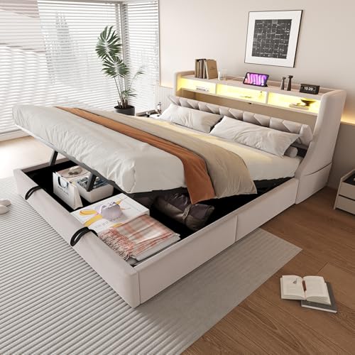 Arhatreya Polsterbett 180x200 cm, Doppelbett mit LED, Umklappbares Kopfteil mit Steckdose und Ablagefach, Hydraulisches Stauraumbett, Bett für Gästezimmer Wohnung (Ohne Matratze) Samt Beige von Arhatreya