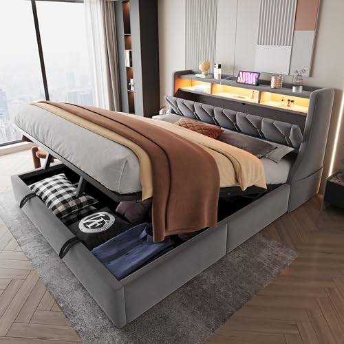 Arhatreya Polsterbett 180x200 cm, Doppelbett mit LED, Umklappbares Kopfteil mit Steckdose und Ablagefach, Hydraulisches Stauraumbett, Bett für Gästezimmer Wohnung (Ohne Matratze) Samt Grau von Arhatreya