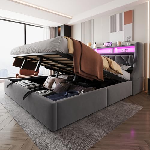 Arhatreya Polsterbett 180x200 cm, Doppelbett mit LED, Umklappbares Kopfteil mit Steckdose und Ablagefach, Hydraulisches Stauraumbett, Bett für Schlafzimmer Wohnung (Ohne Matratze) Samt Grau von Arhatreya