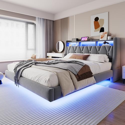 Arhatreya Polsterbett 180x200 cm, Doppelbett mit LED, Umklappbares Kopfteil mit Steckdose und Ablagefach, Schwebendes Bettdesign, Bett für Gästezimmer Wohnung (Ohne Matratze) Samt Grau von Arhatreya