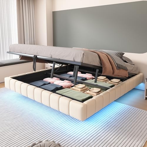 Arhatreya Polsterbett 180x200 cm, Hydraulischer Schwebebett mit Stauraum, Doppelbett ohne Kopfteil mit LED-Licht, Gästebett für Wohnzimmer Schlafzimmer (Ohne Matratze) Leinen Beige von Arhatreya