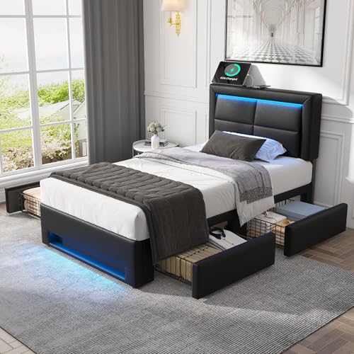 Arhatreya Polsterbett 90 x 190 cm, Bett mit USB-Anschluss(unterstützt kabelloses und kabelgebundenes Laden), mit LED-Beleuchtung und Vier Schubladen, für Schlafzimmer, PU, Schwarz(Ohne Matratze) von Arhatreya