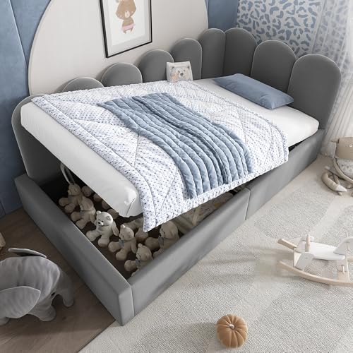 Arhatreya Polsterbett 90x190 cm, Daybett mit Metall-Lattenrost, Tagesbett Schlafsofa mit hydraulischem Stauraum, Kinderbett für Wohnzimmer Gästezimmer (Ohne Matratze) Samt Grau von Arhatreya