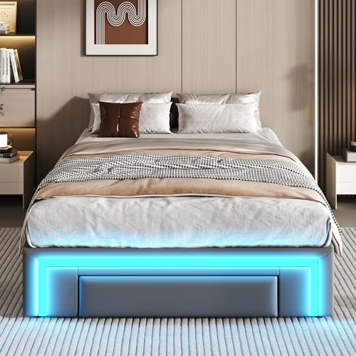 Arhatreya Polsterbett 90x200 cm, Flachbett mit Schubladen, Einzelbett mit ohne Kopfteil, Jugendbett mit LED-Lichtleiste, Bettgestell mit Lattenrost, Bett für Erwachsene (Ohne Matratze) PU-Leder Grau von Arhatreya