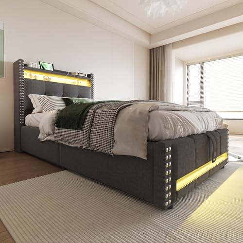 Arhatreya Polsterbett 90x200 cm, Hydraulisch Stauraumbett mit LED Beleuchtung, Einzelbett mit USB-Steckdose, Kopfteil mit Einlegeböden und Stauraum, Bett für Gästezimmer (Ohne Matratze) Leinen Grau von Arhatreya