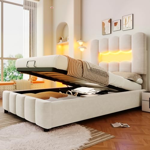 Arhatreya Polsterbett 90x200 cm, Hydraulisch Stauraumbett mit LED-Beleuchtung, Einzelbett mit Verstellbares Kopfteil, Bett für Schlafzimmer Wohnung (Ohne Matratze) Samt Beige von Arhatreya