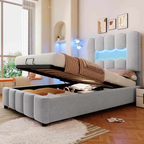 Arhatreya Polsterbett 90x200 cm, Hydraulisch Stauraumbett mit LED-Beleuchtung, Einzelbett mit Verstellbares Kopfteil, Bett für Schlafzimmer Wohnung (Ohne Matratze) Samt Grau von Arhatreya