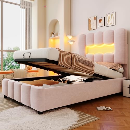 Arhatreya Polsterbett 90x200 cm, Hydraulisch Stauraumbett mit LED-Beleuchtung, Einzelbett mit Verstellbares Kopfteil, Bett für Schlafzimmer Wohnung (Ohne Matratze) Samt Rosa von Arhatreya