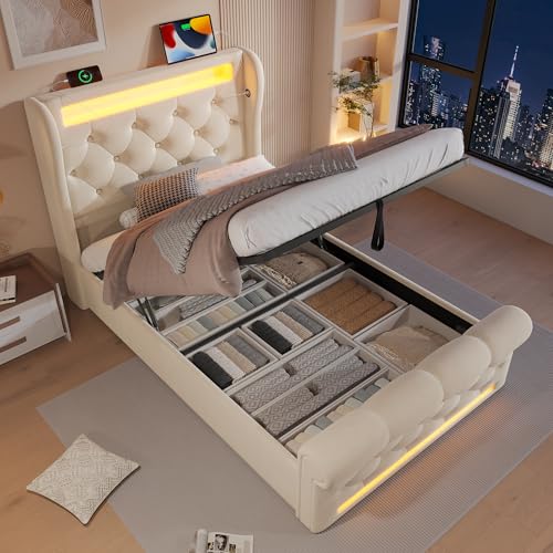 Arhatreya Polsterbett 90x200 cm, Hydraulisch Stauraumbett mit LED Leuchten, Jugendbett mit USB/Typ-C-Anschlüssen, Einzelbett mit Stauraum, Gästebett für Schlafzimmer (Ohne Matratze) Samt Beige von Arhatreya